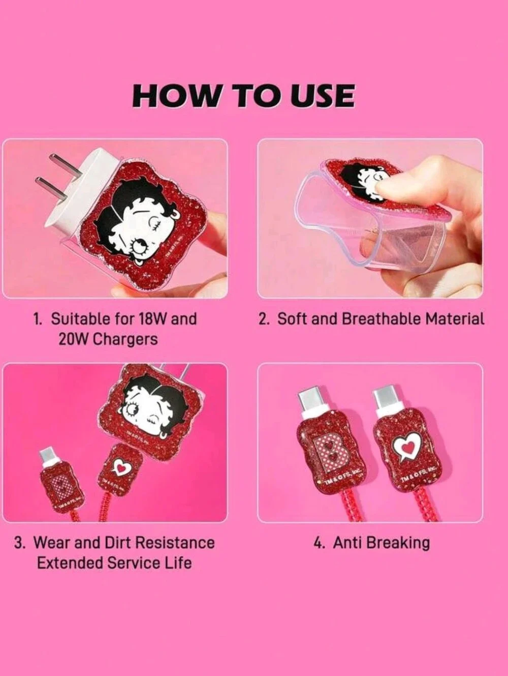 Betty Boop  3 Pcs Data Line Protective Cover, Charger